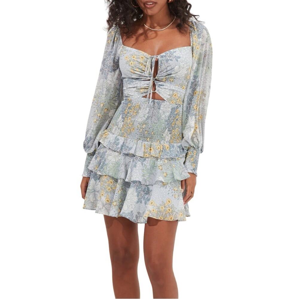 ASTR the Label Women’s Blue Marietta Floral Smocked Coquette Dress Size Large - Picture 3 of 7